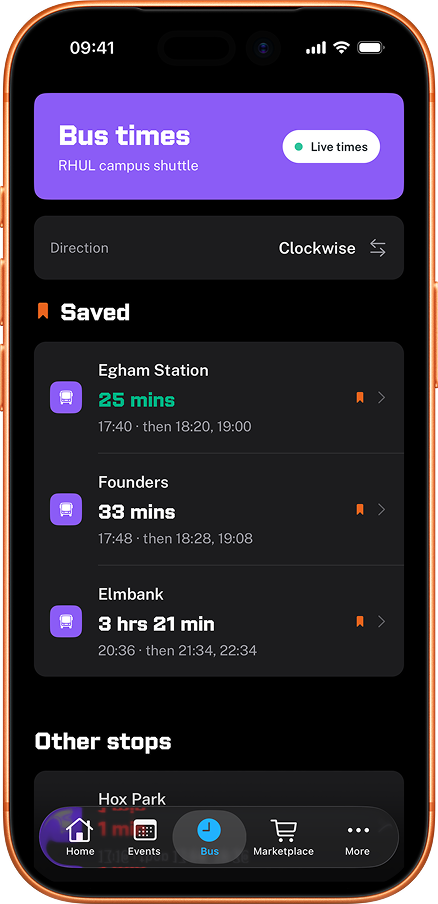 RHUL Mobile app showing live bus times for the 441, 441A and RHU shuttle at Royal Holloway