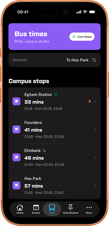 RHUL Mobile app showing live bus times for campus routes