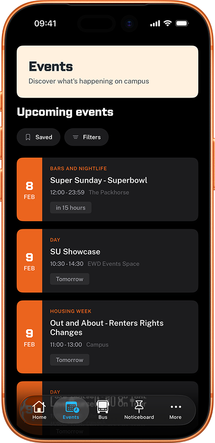 RHUL Mobile app showing upcoming events at Royal Holloway