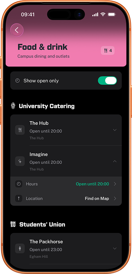 RHUL Mobile app showing Royal Holloway campus food outlet hours and menus