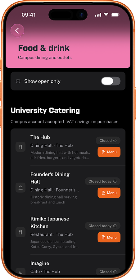 RHUL Mobile app showing campus food outlet hours and menus