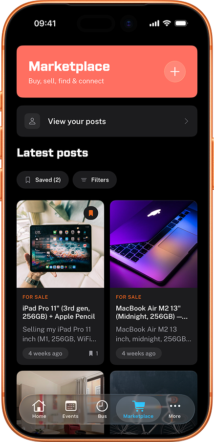 RHUL Mobile app showing the Royal Holloway student marketplace