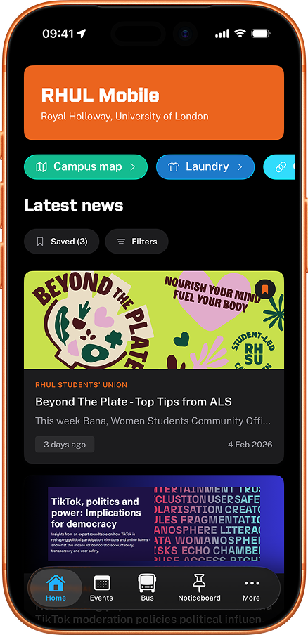 RHUL Mobile app showing the home screen with bus times, laundry status, and latest news