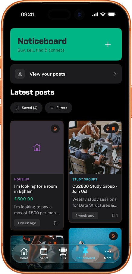 RHUL Mobile app showing the student noticeboard