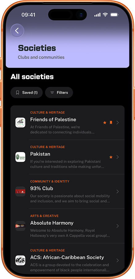 RHUL Mobile app showing Royal Holloway student societies